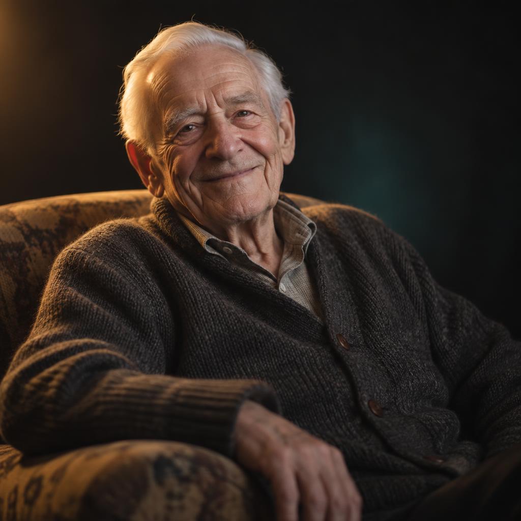 A man in his eighties smiling warmly, seated against a dark backdrop